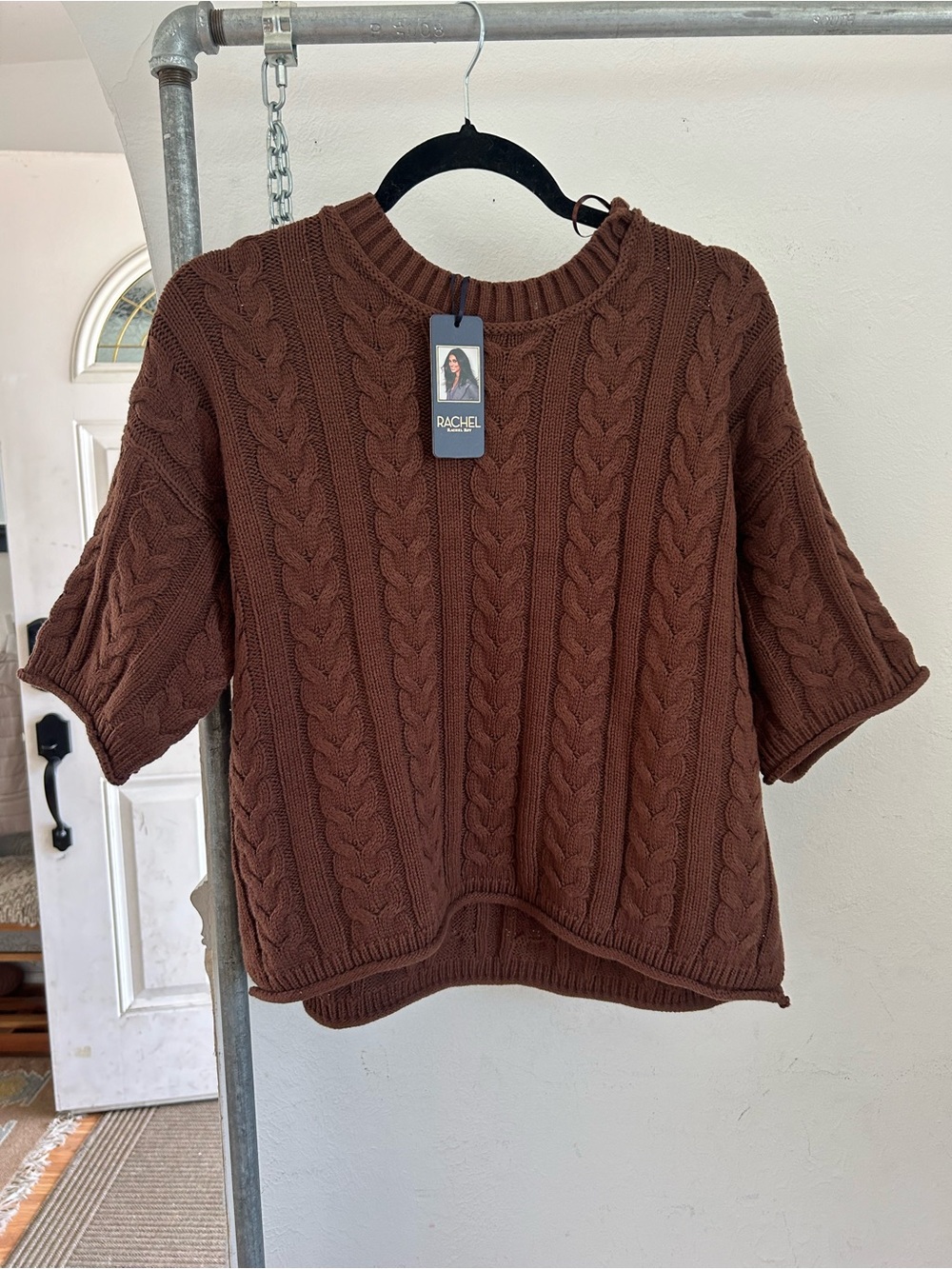 Rachel Cable-Knit Sweater top - Brown dolman wide drop length elbow 1/2 sleeve
